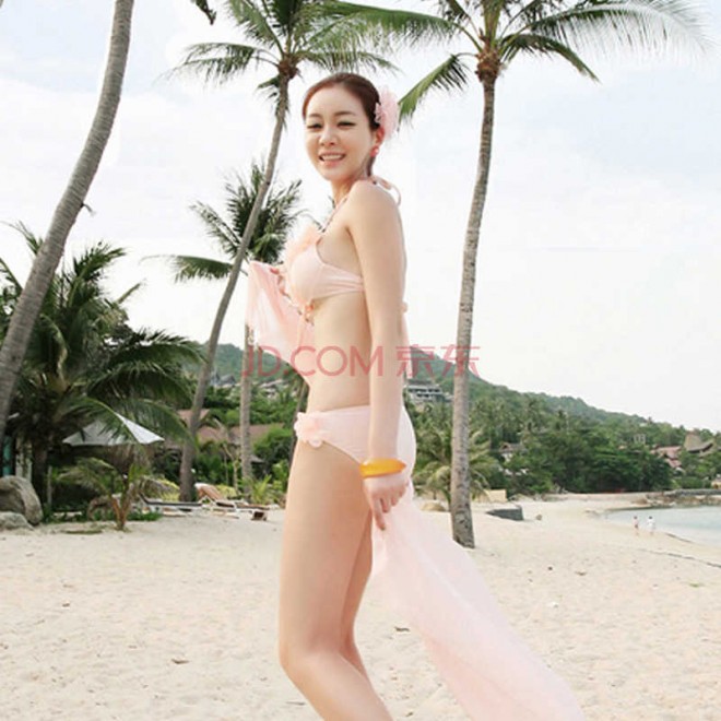 汐诗威温泉泳衣 女钢托小胸聚拢比基尼泳衣 大披纱花朵泳装2266 粉红色 M