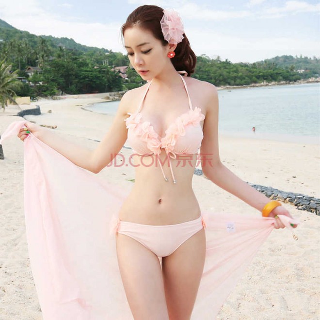 汐诗威温泉泳衣 女钢托小胸聚拢比基尼泳衣 大披纱花朵泳装2266 粉红色 M
